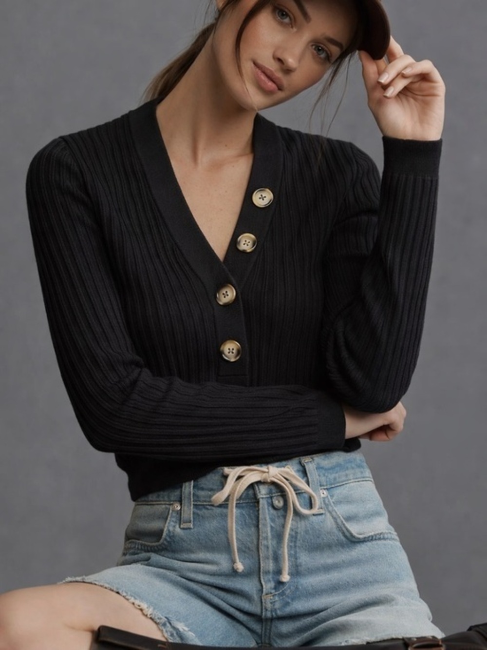 Anthropologie Pilcro black Kassidy ribbed deep v neck sweater
